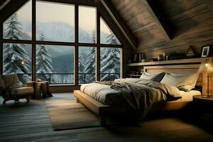 caloroso e acolhedor chalé quarto com de madeira decoração, inverno floresta Visão ai gerado foto
