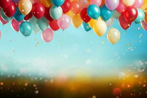 uma alegre matriz do balões em uma confete preenchidas texturizado pano de fundo ai gerado foto