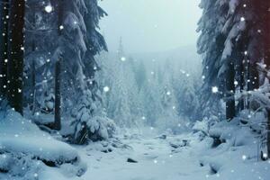 a cárpato madeiras dentro inverno, com árvores congeladas dentro Nevado serenidade ai gerado foto