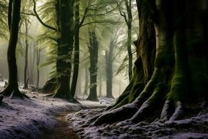 imponente faia árvore roupa de baixo, enraizado profundamente dentro a bosques história ai gerado foto