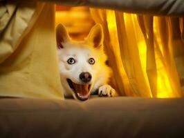 pernicioso cachorro espreitar Fora a partir de uma acolhedor cobertor forte ai generativo foto