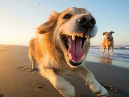 feliz cachorro jogando em a de praia ai generativo foto