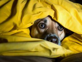 pernicioso cachorro espreitar Fora a partir de uma acolhedor cobertor forte ai generativo foto