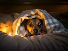 pernicioso cachorro espreitar Fora a partir de uma acolhedor cobertor forte ai generativo foto