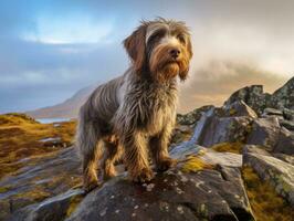 majestoso cachorro em pé orgulhosamente em uma montanha pico ai generativo foto