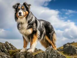 majestoso cachorro em pé orgulhosamente em uma montanha pico ai generativo foto