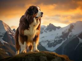 majestoso cachorro em pé orgulhosamente em uma montanha pico ai generativo foto