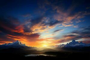 cênico montanhas providenciar uma dramático tela de pintura para a colorida iluminado pelo sol céu ai gerado foto