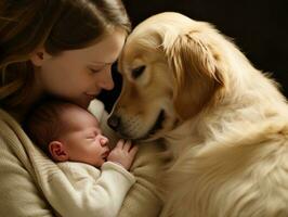 amoroso cachorro nuzzling uma recém-nascido bebê dentro uma berço ai generativo foto