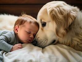 amoroso cachorro nuzzling uma recém-nascido bebê dentro uma berço ai generativo foto