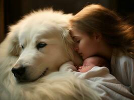 amoroso cachorro nuzzling uma recém-nascido bebê dentro uma berço ai generativo foto