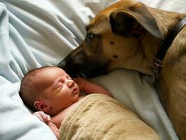 amoroso cachorro nuzzling uma recém-nascido bebê dentro uma berço ai generativo foto