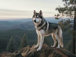 majestoso cachorro em pé orgulhosamente em uma montanha pico ai generativo foto