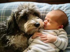 amoroso cachorro nuzzling uma recém-nascido bebê dentro uma berço ai generativo foto