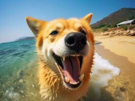 feliz cachorro jogando em a de praia ai generativo foto