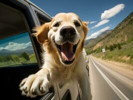 feliz cachorro equitação dentro uma carro com Está cabeça Fora a janela ai generativo foto