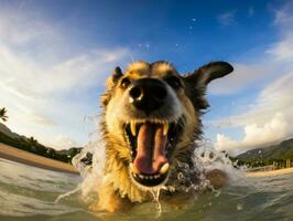 feliz cachorro jogando em a de praia ai generativo foto