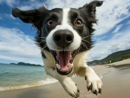 feliz cachorro jogando em a de praia ai generativo foto