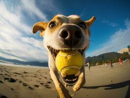feliz cachorro jogando em a de praia ai generativo foto