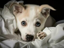 cachorro com uma pernicioso expressão cercado de rasgado almofadas ai generativo foto