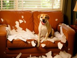 cachorro com uma pernicioso expressão cercado de rasgado almofadas ai generativo foto