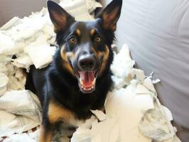 cachorro com uma pernicioso expressão cercado de rasgado almofadas ai generativo foto