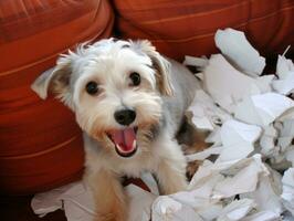 cachorro com uma pernicioso expressão cercado de rasgado almofadas ai generativo foto