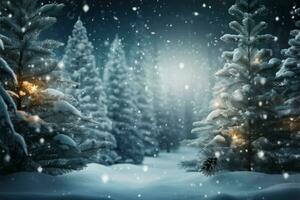 festivo ilustração com Nevado abeto árvores para uma inverno pano de fundo ai gerado foto