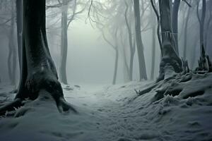 névoa cobertores a sereno faia floresta dentro a inverno ambiente ai gerado foto