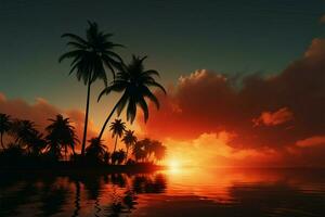 Palma árvore silhuetas graça uma tropical paraíso, a idílico período de férias cena ai gerado foto