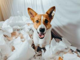 cachorro com uma pernicioso expressão cercado de rasgado almofadas ai generativo foto