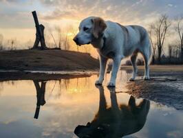 cachorro e Está reflexão dentro uma calma lagoa ai generativo foto