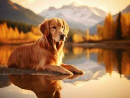 cachorro e Está reflexão dentro uma calma lagoa ai generativo foto