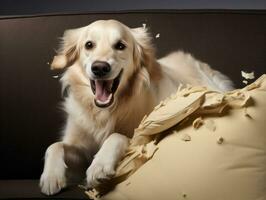 cachorro com uma pernicioso expressão cercado de rasgado almofadas ai generativo foto