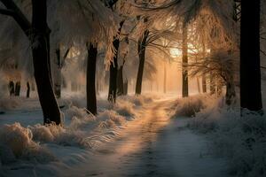 uma tranquilo floresta caminho debaixo inverno sol, fundição uma gelado soletrar ai gerado foto