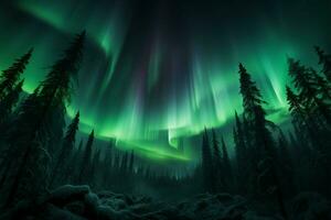 norte luzes pintura a floresta dentro verde, a etéreo espetáculo ai gerado foto