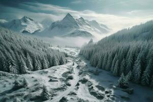no topo uma Nevado pico, uma Alto altitude inverno país das maravilhas surge ai gerado foto