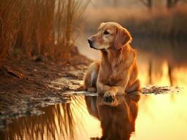 cachorro e Está reflexão dentro uma calma lagoa ai generativo foto