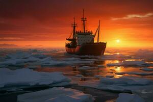 uma cativante pôr do sol pano de fundo para a ártico quebra gelo expedição ai gerado foto