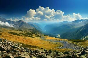 uma panorama do montanhas, uma mundo do áspero natural beleza ai gerado foto