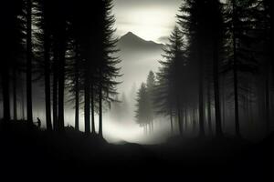 uma sereno, enigmático floresta, Está silhueta evocando Eterno tranquilidade dentro Preto e branco ai gerado foto