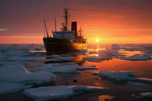 uma magnífico ártico pôr do sol, agraciado de a quebra gelo embarcações presença ai gerado foto