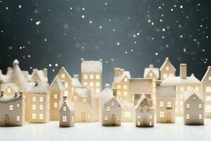 Nevado brinquedo casas com borrado festão luzes. generativo ai foto