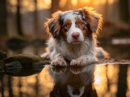 cachorro e Está reflexão dentro uma calma lagoa ai generativo foto