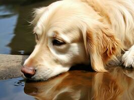 cachorro e Está reflexão dentro uma calma lagoa ai generativo foto