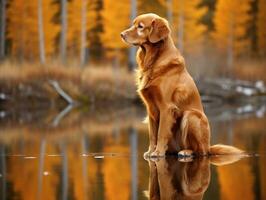 cachorro e Está reflexão dentro uma calma lagoa ai generativo foto