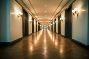 hotel corredor com elegante decoração, fornecendo uma luxuoso e convidativo fundo ai gerado foto