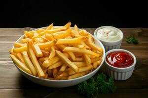 clássico fritas acompanhado de lados do azedo creme e ketchup ai gerado foto