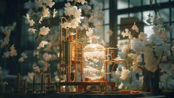generativo ai, essencial óleo Extração com destilaria máquina com jasmim branco flores foto