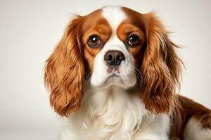 foto do uma doce descuidado rei Charles spaniel com com alma olhos em uma limpar \ limpo branco pano de fundo. generativo ai